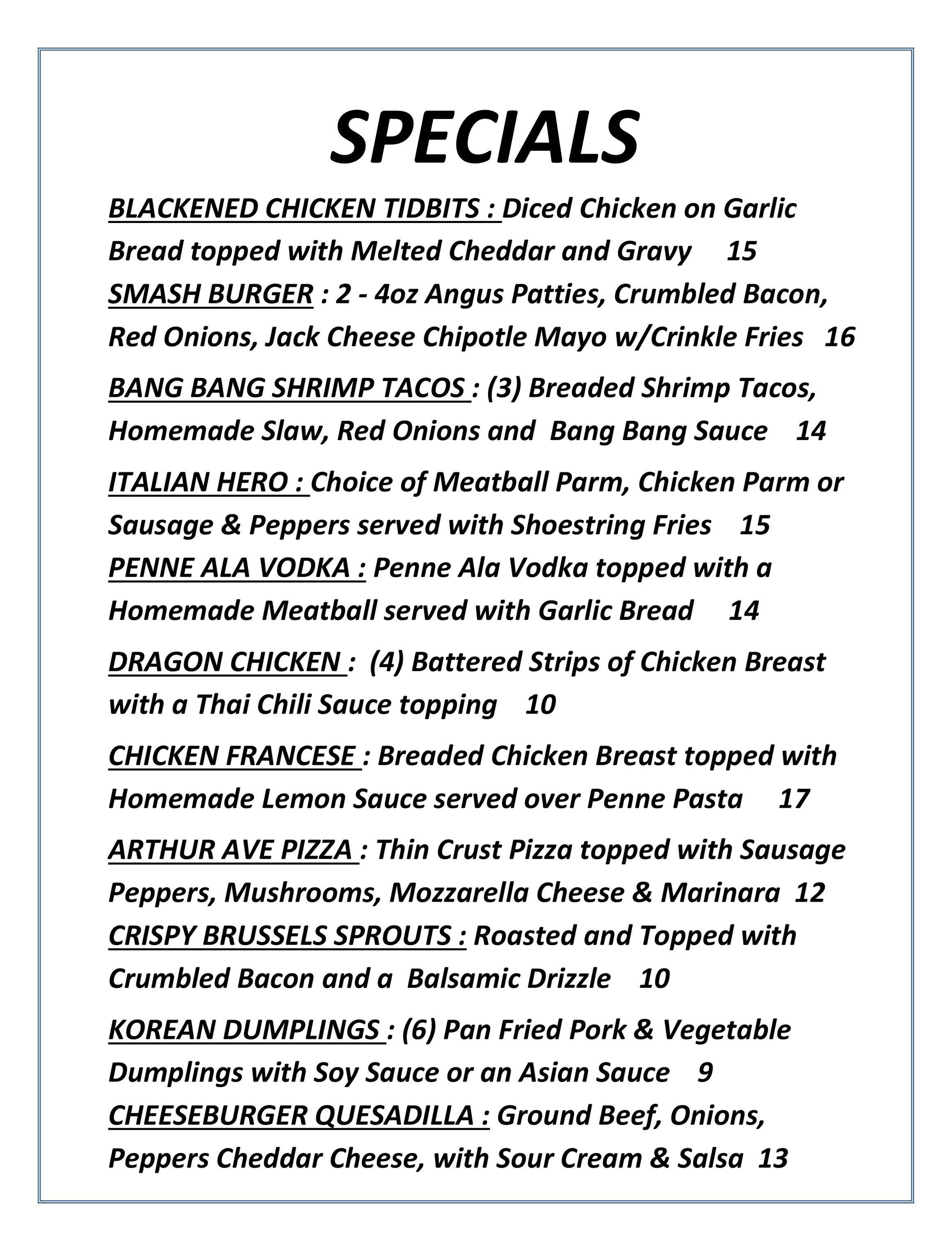 Rocky Point Ale House Menu
